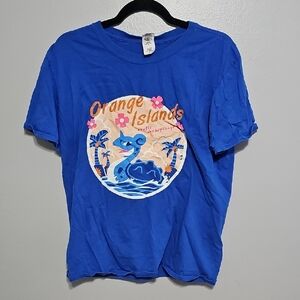 Blue L Pokemom Shirt with Orange Islands Design